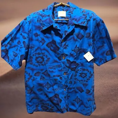 Vintage 1960s UI-MAIKAI Cotton Hawaiian Shirt Blue Islands Men's Sz XL • $34.99