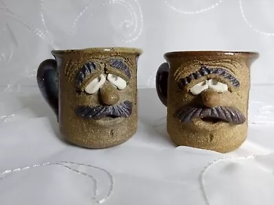 2VTG Funny Ugly Face Stoneware Mug Mini 2  Mustache Folk Mahon Eakin Style Stein • $25.99