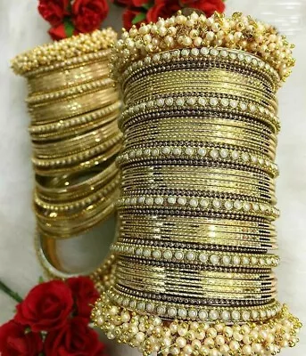 Bollywood Indian Bridal Wedding Gold Plated Pearl Metal Bangles Chudi Set • $89.99