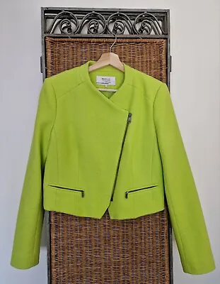 Zara Trafaluc Sz L Fitted Blazer Jacket Lime Green Zipped Biker Style • £30