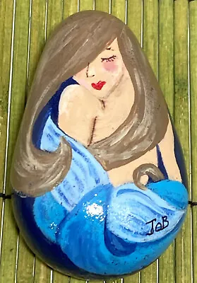 Hand Painted Mermaid Brown Flowing Hair River Rock One Of A Kind Signed • $15