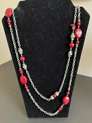 Chico's Jules Long Necklace 18” Red Beads Silver Chain • $6