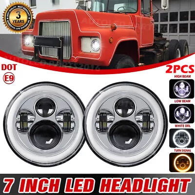 Pair 7  Chrome Round LED Headlights Halo DRL Hi/Lo Turn Signal Fit Mack R Truck • $51.99