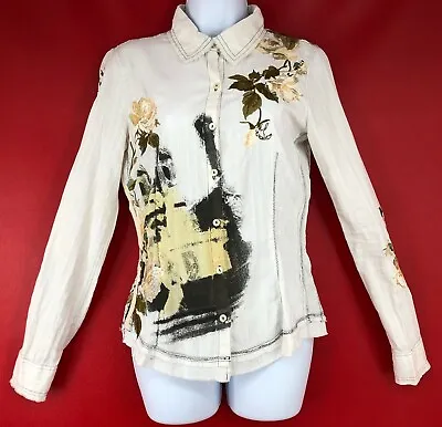 Johnny Was 3J Workshop Embroidered La Dolce Vita Frayed Distressed Shirt Top XS • $75