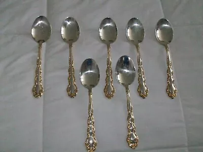 Set 7 Flatware Silver Plate Gold Accents Soup Spoons Community Modern Baroque • $21