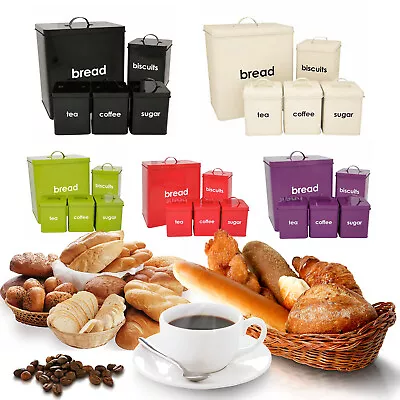 Metal Bread Bin 5pc Storage Canisters Set Sugar Coffee Tea Enamel Coated • £18.85