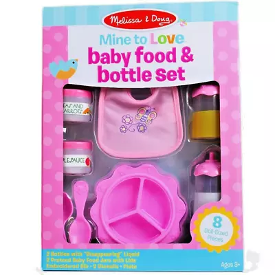 MELISSA & DOUG Mine To Love Baby Food & Bottle Set With 8 Doll - Sized Pieces • $24.95