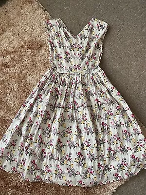 Handmade 1950s White Floral Tulip Spring Summer Circle Dress • £40