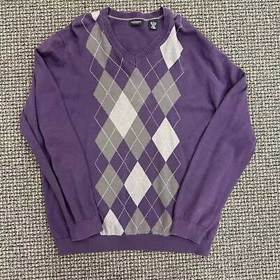 Van Heusen Sz L Purple Gray Argyle Cotton Pullover Sweater • $12.50