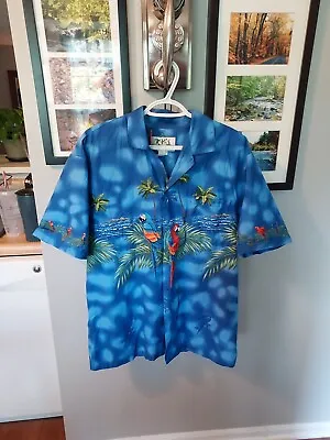 KY'S Men's VTG Cotton Made In Hawaii Button Front Shirt Parrot Brilliant Blue L • $28.49