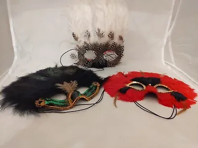 Lot Of 3 Mardi Gras Masquerade Eye Masks Halloween Costume Black Red Feathers • $17.99