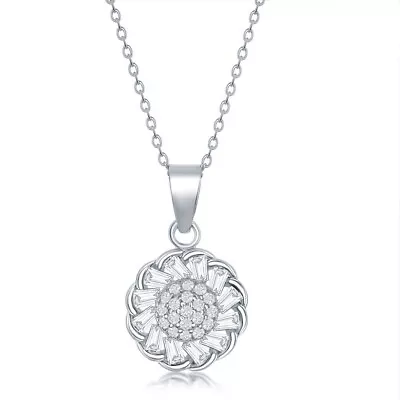 Micro Pave Center & Baguette CZ Border Flower Design Necklace • $52