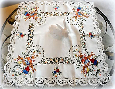  Eggscitment 33  Table Topper Lace  Doily Bunnies Rabbit Easter Spring Daffodil  • $24.95