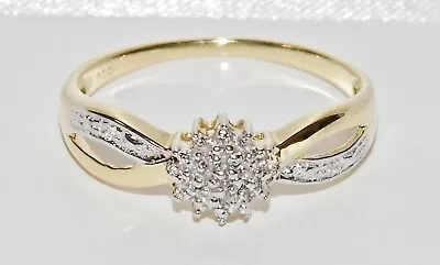 9CT YELLOW GOLD & SILVER DIAMOND LADIES CLUSTER RING ~ Size M • £26.95