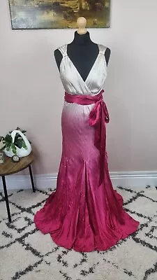 £43.99 • Buy 100% Silk Dip Dye Ombre Maxi Dress 12 Vneck Crinkle Effect Evening Wedding Event