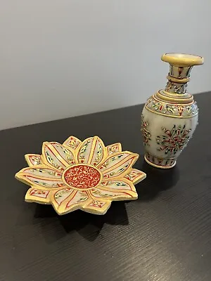 Indian Hand Made Marble Vase With Saucer - Elegant Piece • $39.99