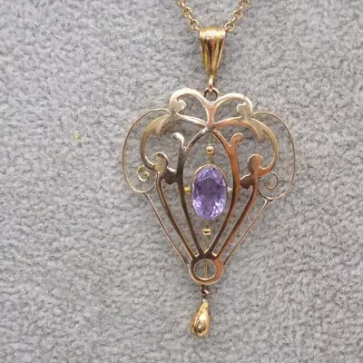 9ct Gold Edwardian Art Nouveau Lavaliere Pendant Necklace With Amethyst • £99.99