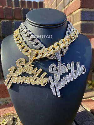 Hip Hop Gold Plated Stay Humble Pendant Iced Cubic Zirconia Cuban Chain Necklace • $22.99
