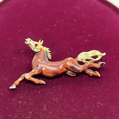 Vintage Brown Horse Stallion Mustang Gold Tone Rhinestone Brooch Pin • $15