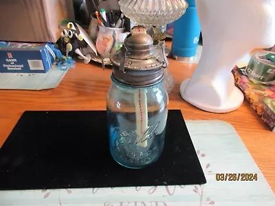 Beautiful Vintage Blue/green Mason Jar Oil Lamp No Globe Bubbles • $22.99