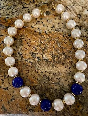 Vintage Napier Faux Pearl Gold Tone And Blue Lapis Lazuli Beaded Necklace 18 L • $13.45