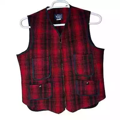 Vintage Woolrich Men's Medium Vest Wool 4 Pocket Red Plaid USA Made Full Zip • $29.99