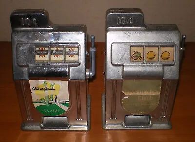 2 Vintage Metal Slot Machine Banks * WILBUR CLARKS & HARRAHS CLUB Nevada BROKEN • $14.95