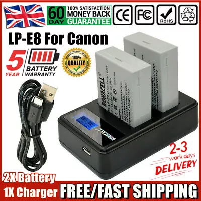 2Pcs LP-E8 Battery Pack + Charger For Canon EOS 550D 600D 700D Rebel T3i T4i T5i • £18.49