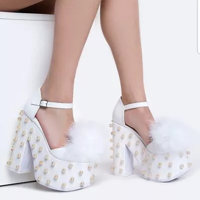 YRU White 6.5 Block Heel Pearls Platform Round Toe Sexy Shoes  WOMEN SIZE   8 • £47.50