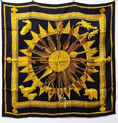 HERMES Carre 90 Vintage Scarf CUILLERS D'AFRIQUE 100% Silk Black Gold  • $158