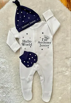 £15.95 • Buy Personalised Sleepsuit Babygrow Hat 3 Piece Gift Set Clothes Baby Boy 1st Class