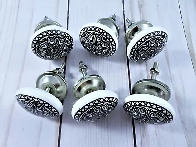Porcelain Cabinet Knobs With Backplates White Black Medallion Design Set Of 6 • $17.10