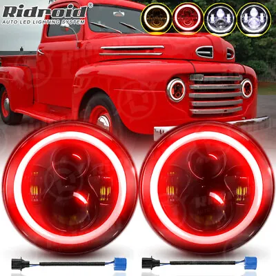 For Ford F1 1948-1952 Pair 7  Inch Round LED Headlights Red Halo DRL Projector • $49.99