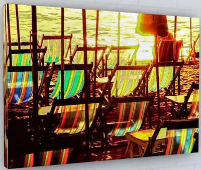 £38.86 • Buy Deckchairs Sunset Beach Canvas Picture Print Wall Art Chunky Frame Large 
