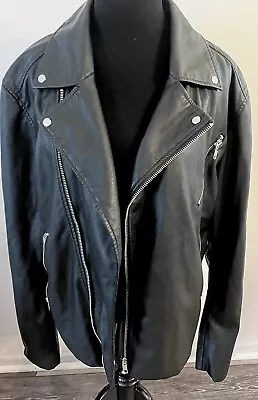 H&M  Black Faux Leather Motocycle Biker Jacket Size Large Zip Sleeves Worn Once • $13.99