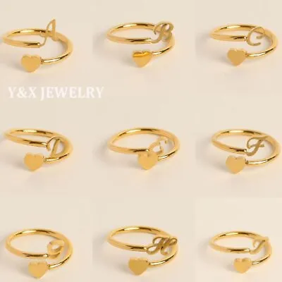 Stainless Steel Gold Color A-Z Rings Initial Letters Heart Ring Women Adjustable • $0.88