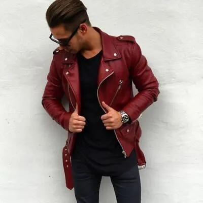 Men Genuine Leather Jacket Maroon Slim Fit Biker Motorcycle Leather Jacket Coat • $69.99