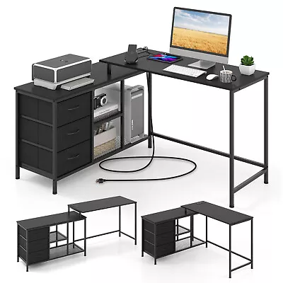 L-Shaped Office Desk Corner Computer Desk With Charging Station Metal Frame • $119.99