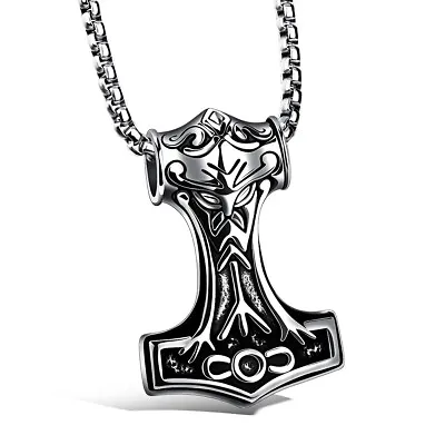 Thor's Hammer Viking Amulet Mjolnir Stainless Steel Pendant Charm Necklace • $9.95