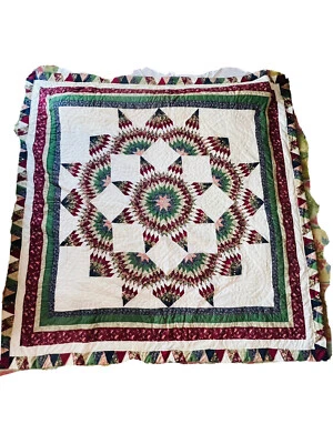 $99.99 • Buy Vintage Lone Star Quilt Burgundy Green Cream 80 X 80 Prairie Hand Quilted