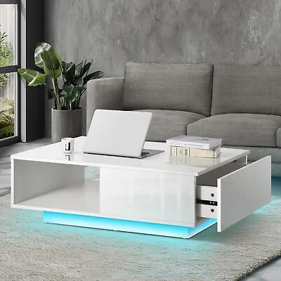 Oikiture Coffee Table LED Light High Gloss Storage Drawer Modern Furniture White • $125.90