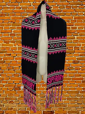 Bnwt Womens Superdry Black Jenna Fairisle Knit Ski Winter Scarf Wrap One Size • £14.99