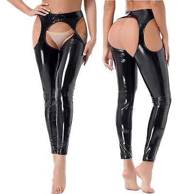 Women Wet Look PVC Leather Crotchless Open Butt Trouser Long Pants Sexy Clubwear • £26.39