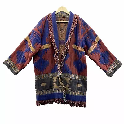 Vintage Tapestry Heavy Blanket Coat Jacket Fringe Aztec Western Colorful READ • $59.95