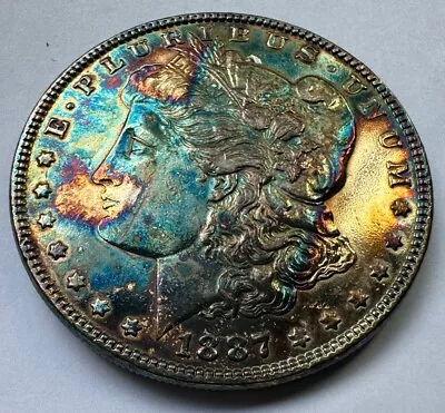 Tough Date Rainbow Toned Unc 1887 Proof Like Morgan Silver Dollar - OMG COIN!!! • $5