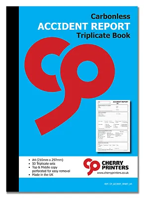 £10.79 • Buy Cherry NCR Accident Report Triplicate Book A4 (210mm X 297mm) 50 Sets 