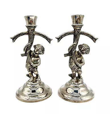 Vintage Renaissance Style Putti Silver Plated Metal Candle Holders - A Pair • $275