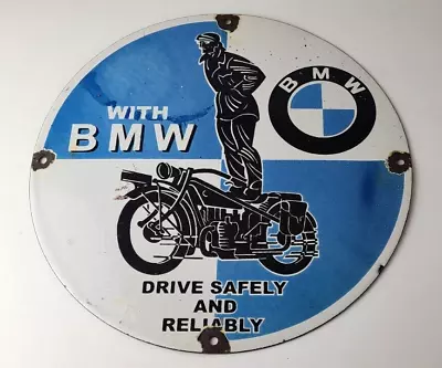 Vintage BMW Sign - Porcelain Metal Motorcycle Sign - Gas Pump Service Auto Sign • $145.47