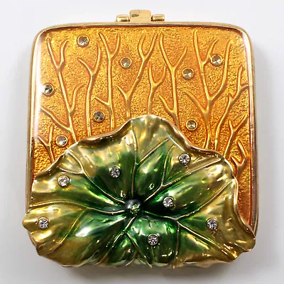 Bejeweled Lily Pad Compact Mirror Enamel Painted With Crystals In Gold/multi • $23