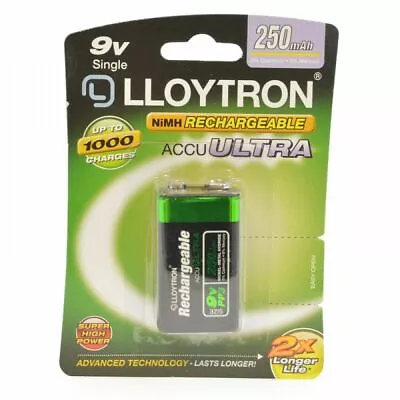 GENUINE LLOYTRON 9V PP3 250 MAh NiMH RECHARGEABLE BATTERY 2X LONGER 1000 CHARGES • £5.45